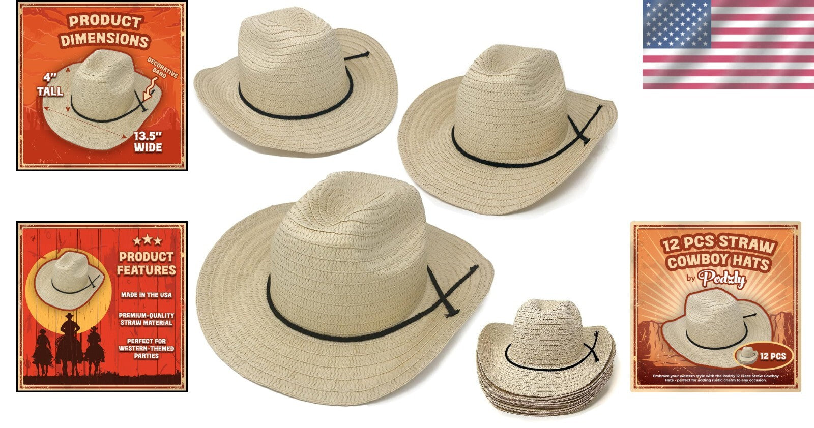 Universal Fit 24" Straw Cowboy Hats for Men & Women - Perfect Party Accessories