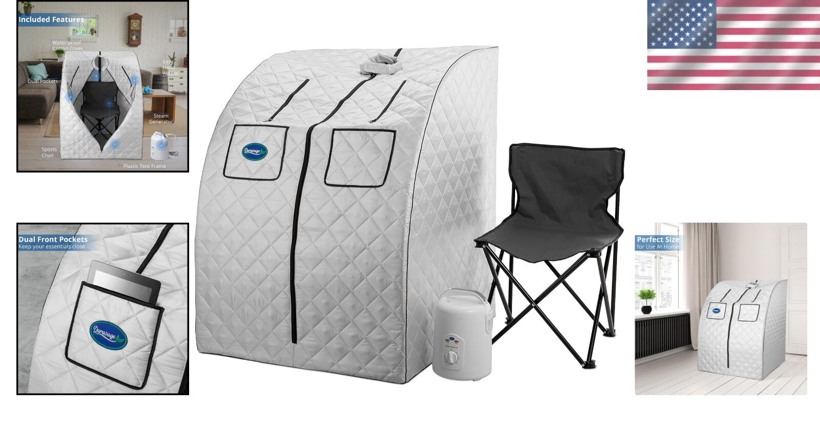 Complete Portable Steam Sauna Spa with 800W Generator & Dual Pockets for Comfort