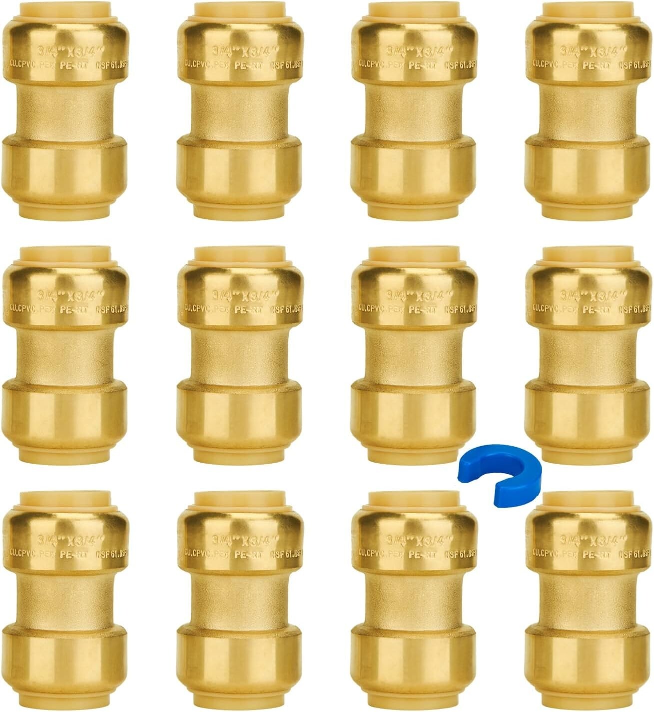 12 Pack of 3/4 Inch Lead-Free Brass Push-to-Connect Couplings for Plumbing