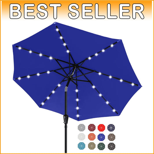 Durable Royal Blue Patio Umbrella with 32 Solar LED Lights - Effortless Shade