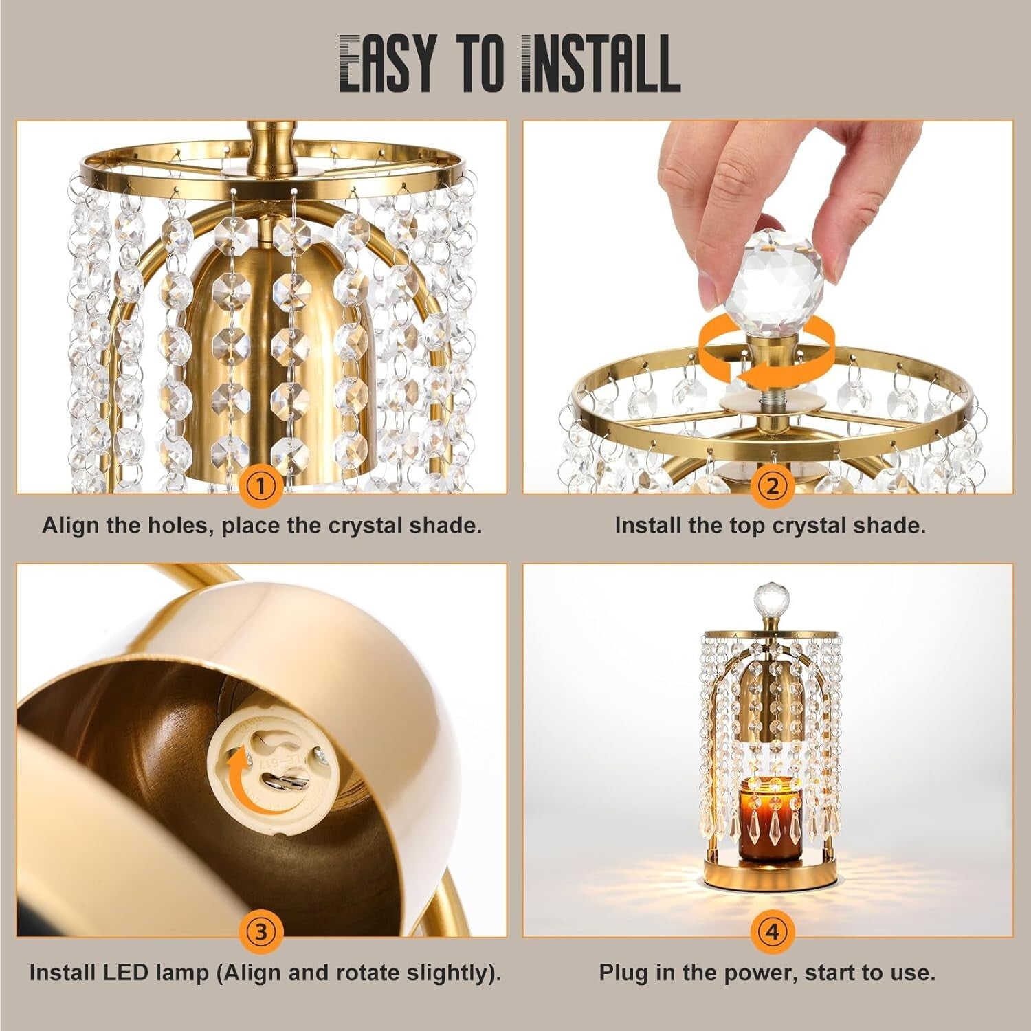 Candle Warmer with Timer & 2 Bulbs - Stylish Gold Crystal Decor for Home