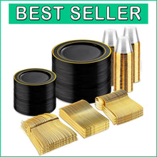 Load image into Gallery viewer, Comprehensive Black and Gold Disposable Dinnerware Set - 600 Pieces Included