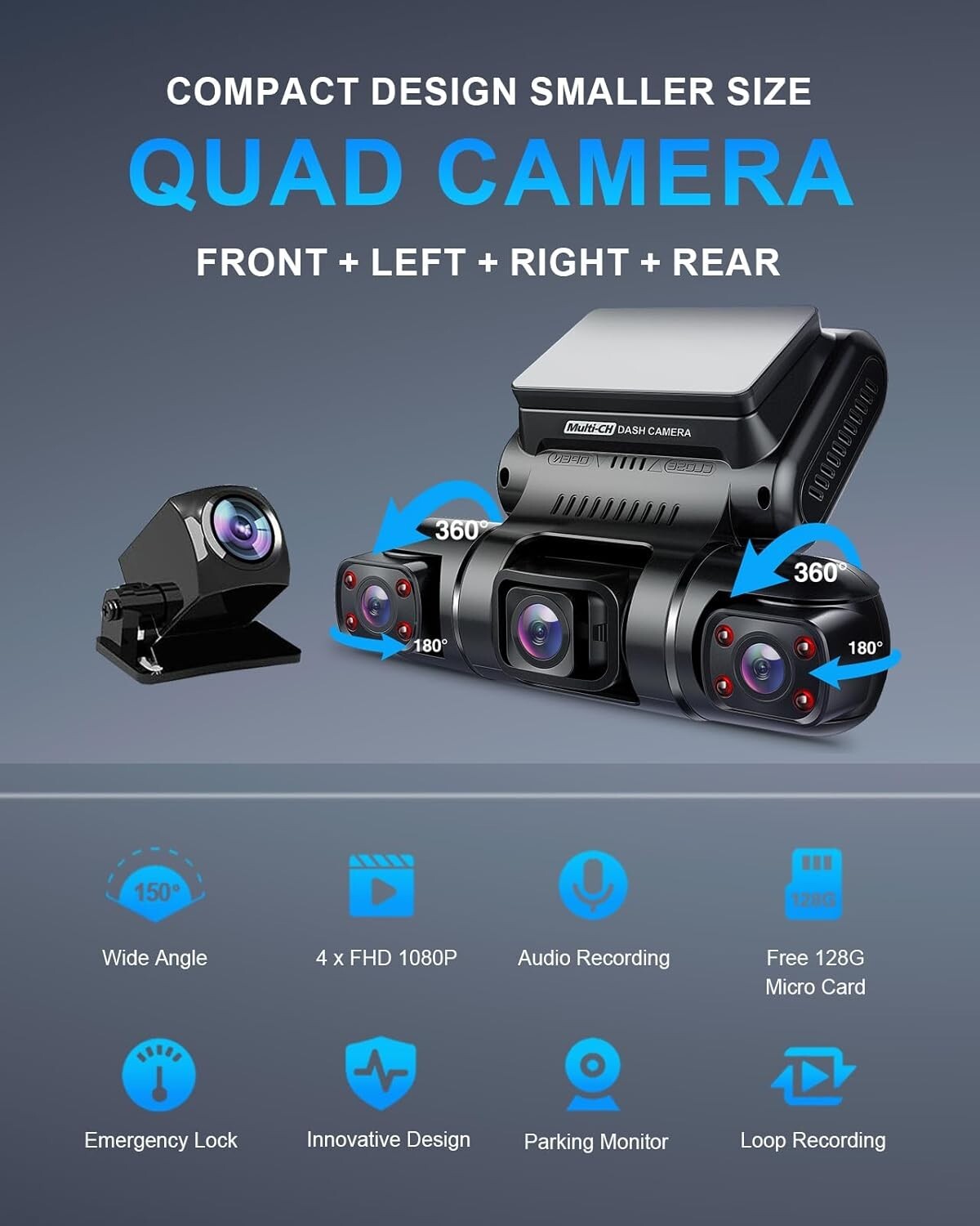 FHD 1080p 4-Channel Dash Camera with Built-in GPS & Wi-Fi for Seamless Recording