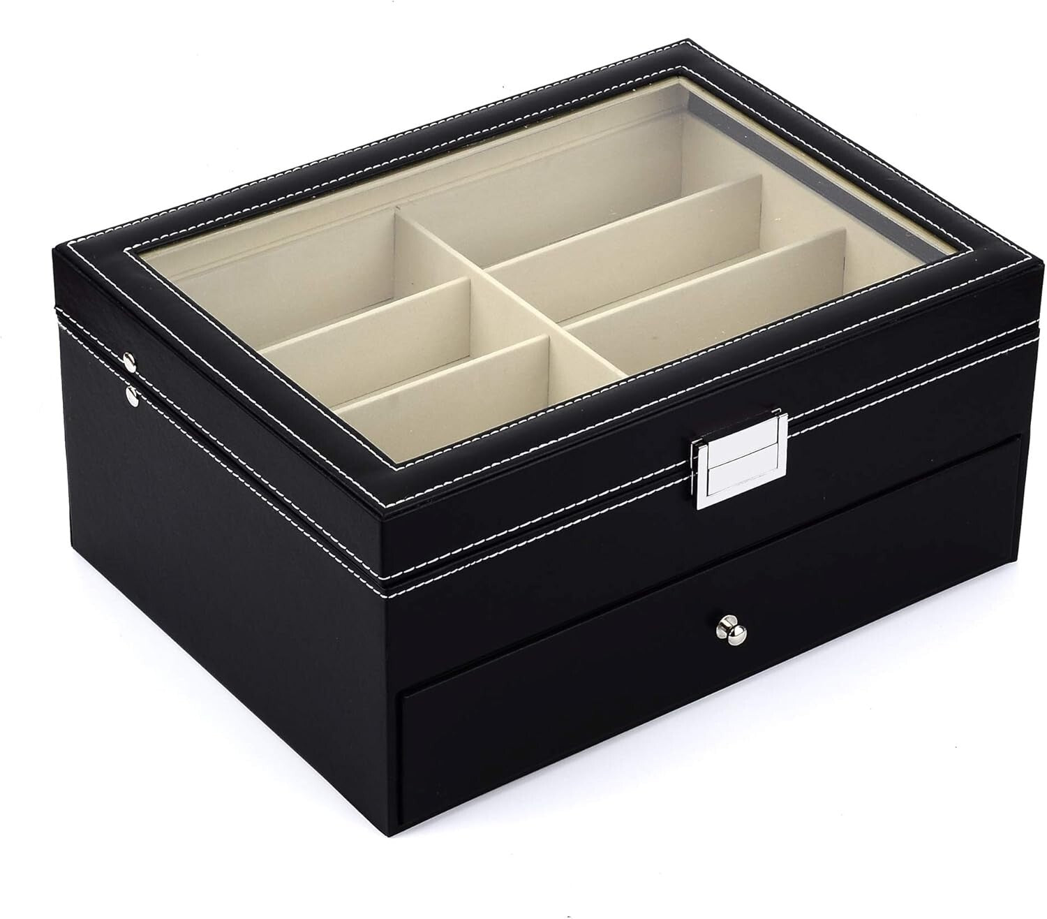 16-Slot Leather Sunglass Organizer with Anti-Scratch Glass Top - Classic Black