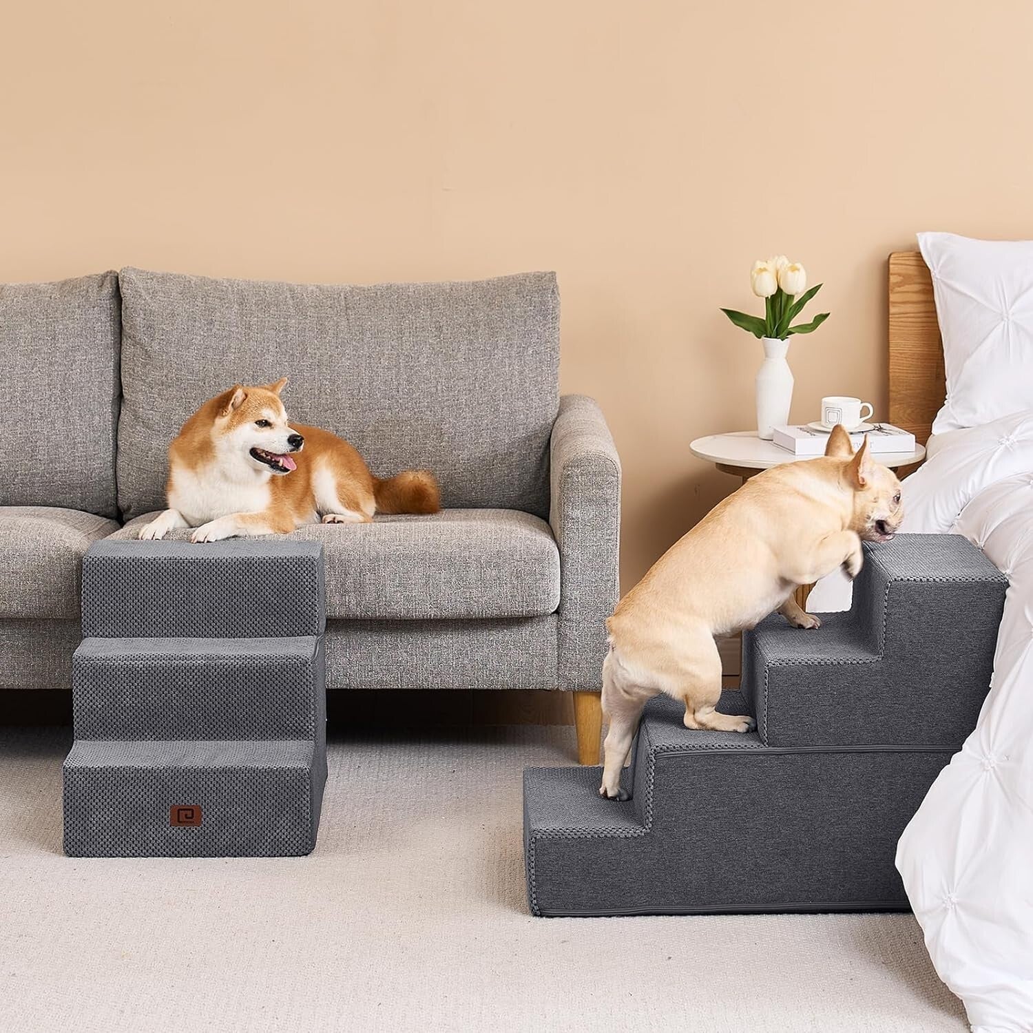 Portable 4-Step Dog Stairs for Small Dogs - Indoor Pet Steps with Washing Cover