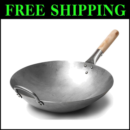 Professional 14-Inch Chinese Carbon Steel Wok with Heat-Resistant Helper Handle