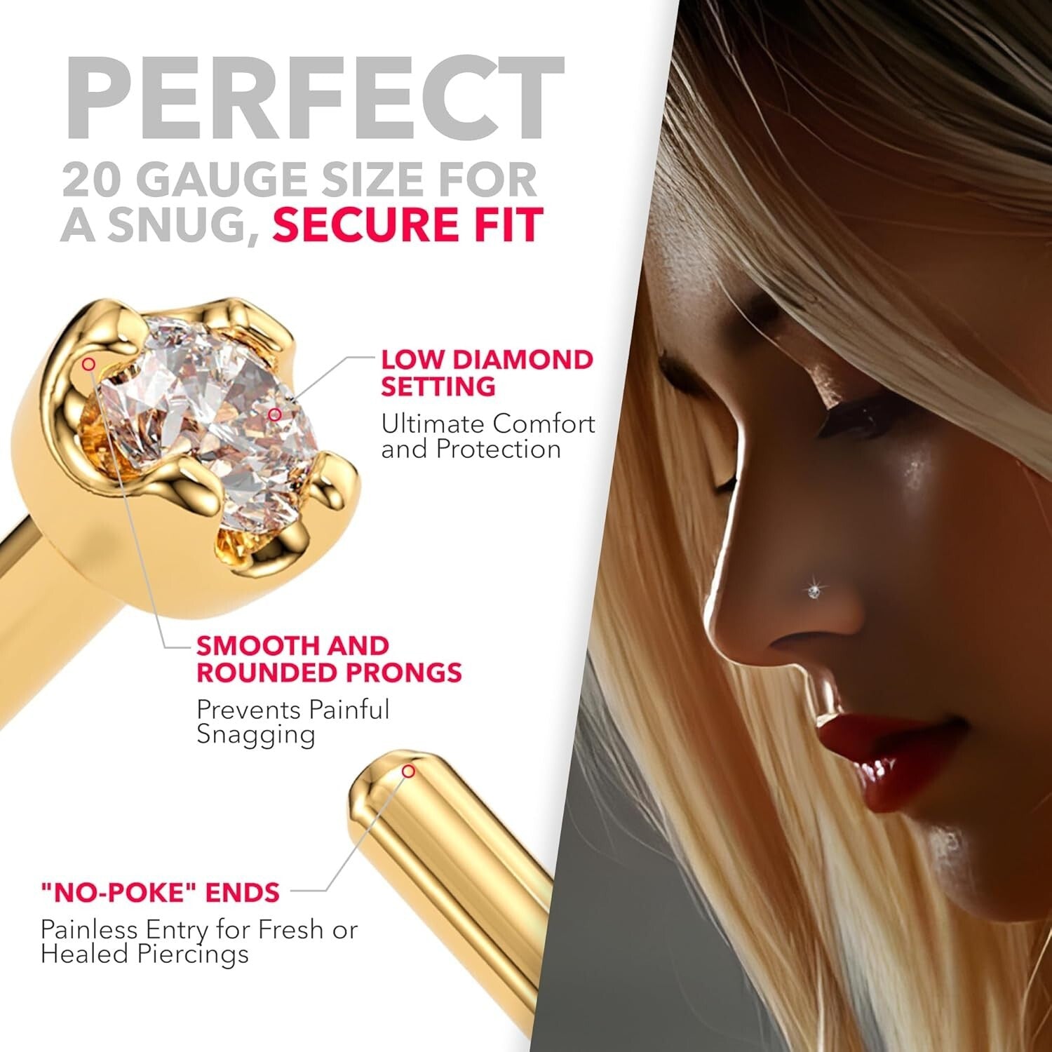 Elegant 14K Gold Nose Ring Studs with 1.5mm Diamond - 20 Gauge Piercing Jewelry