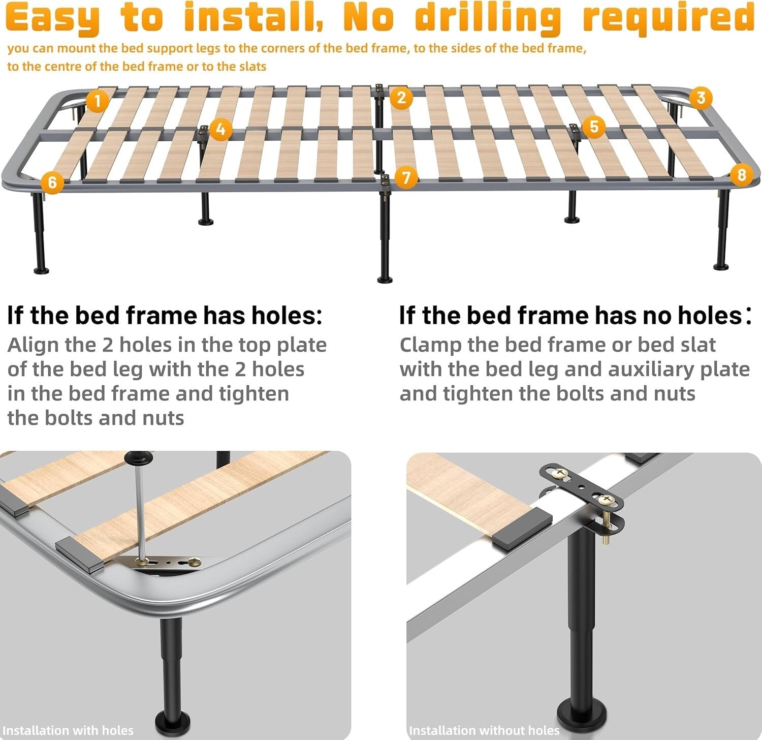 10-17 Inch Adjustable Center Support Bed Legs - Heavy Duty Stability Set of 4