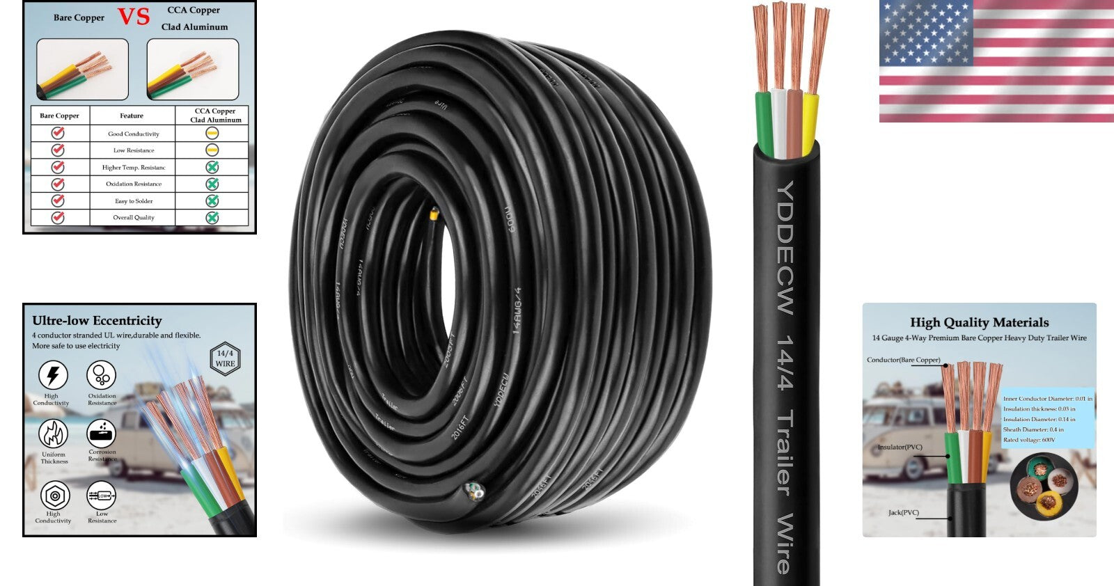 100FT 14 Gauge 4-Wire Copper Extension Cord for RVs and Automotive Applications