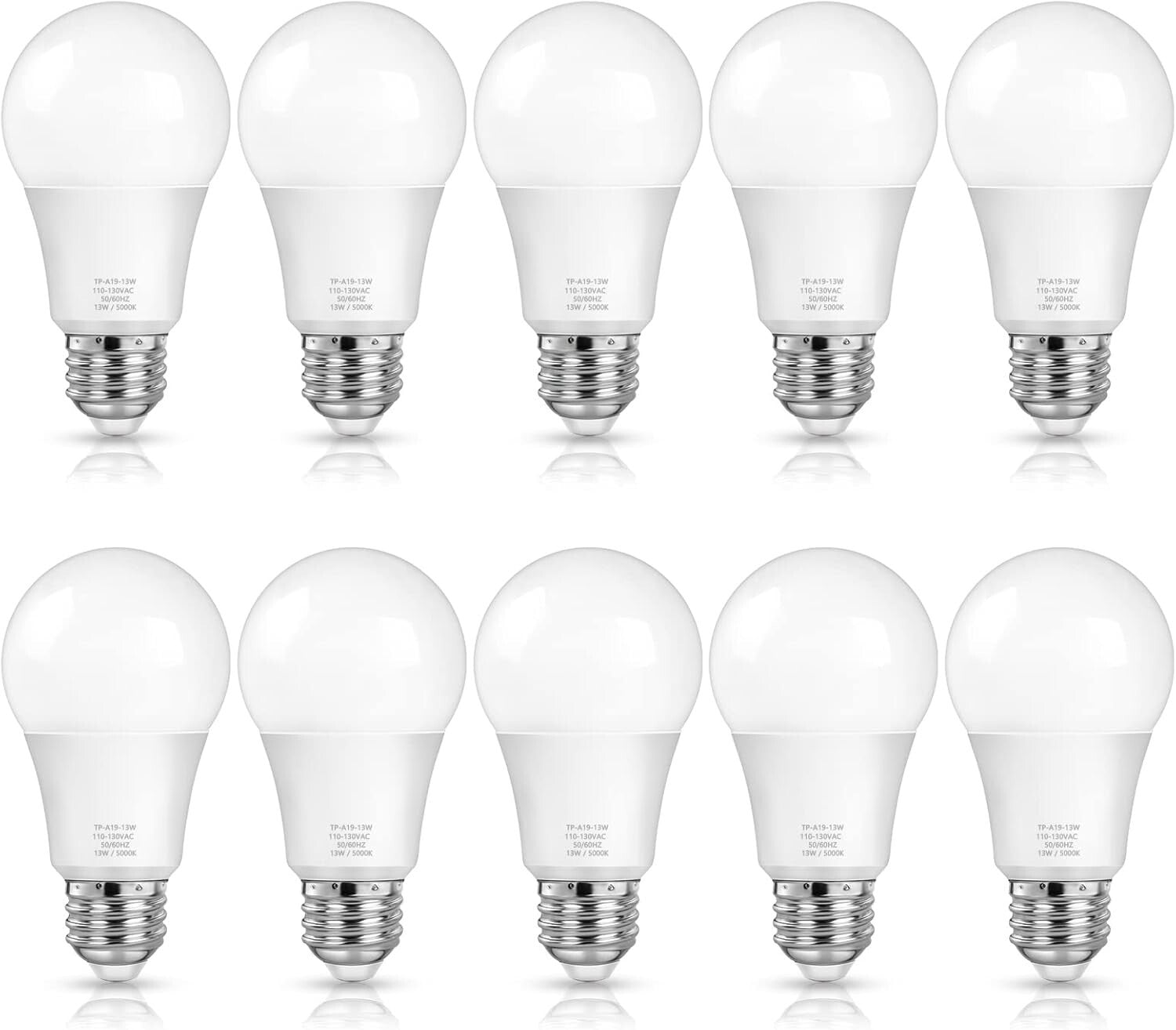 10-Pack A19 LED Light Bulbs - 100W Equivalent, Daylight White 5000K Brightness