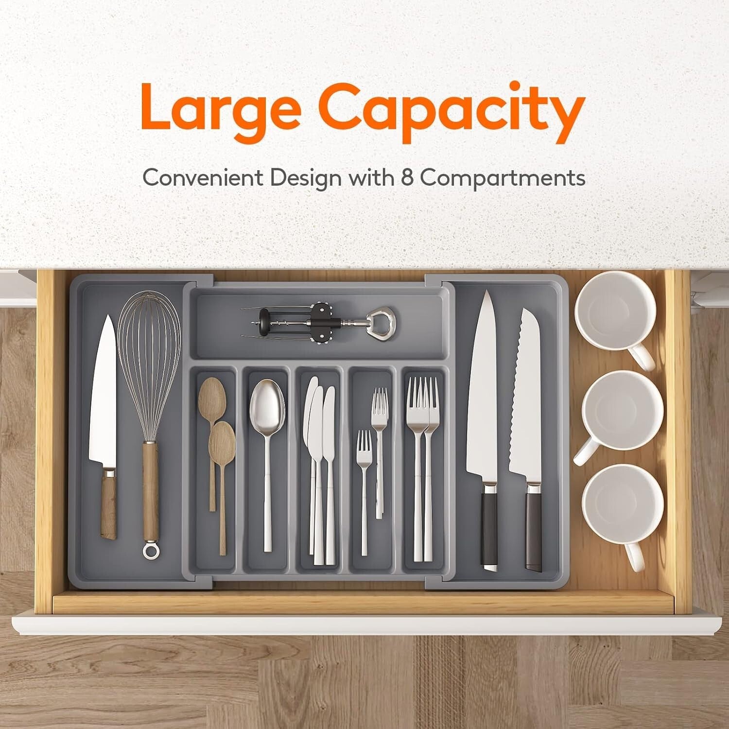 Adjustable Utensil Organizer - Silverware Drawer Tray with 8 Compartments, Grey