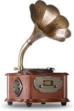 Load image into Gallery viewer, Vintage Phonograph Retro Turntable with Copper Horn – Bluetooth &amp; Aux Input