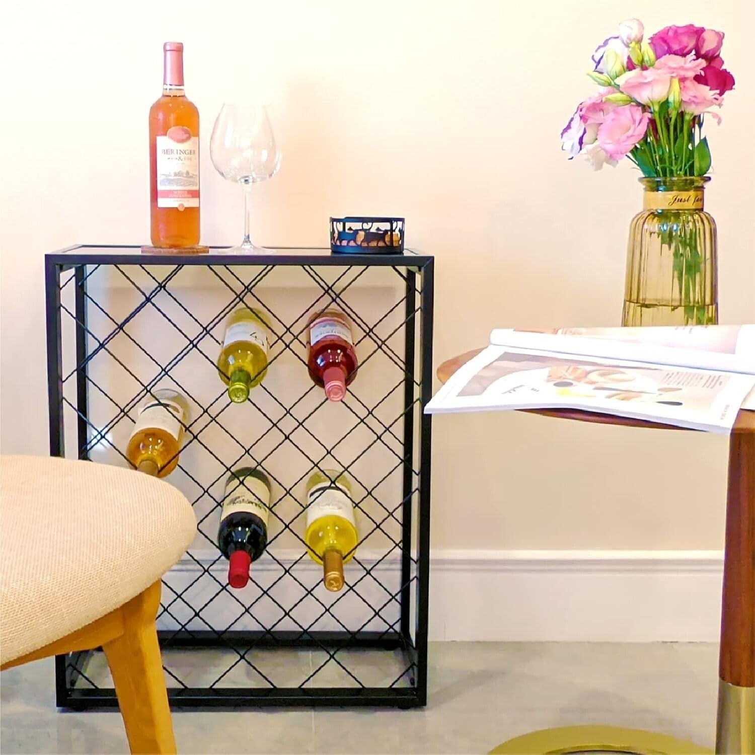Modern Free-Standing Wine Rack with Tempered Glass Top - Holds 32 Bottles