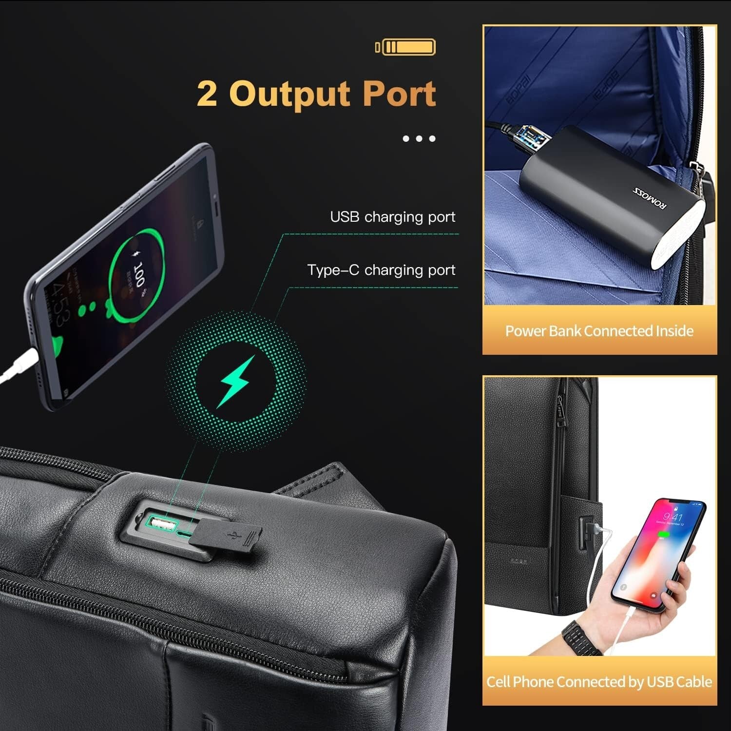 Elegant Black Leather Laptop Rucksack with USB Charging & Hidden Zipper Security