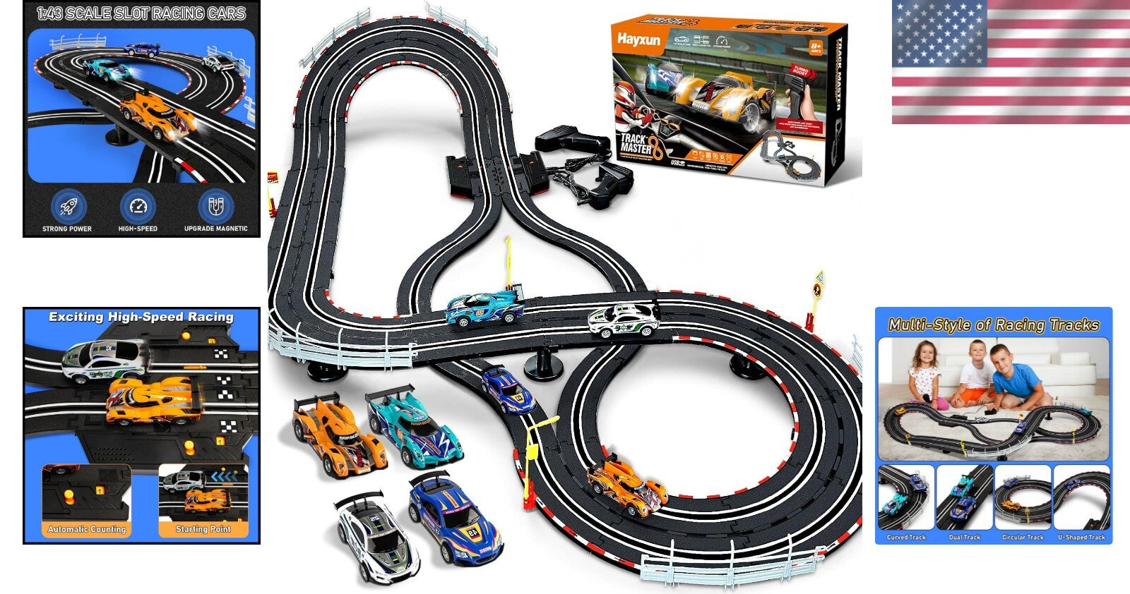 Electric Slot Car Race Track Set: 16ft with 4 High-Speed 1:43 Cars & Controllers