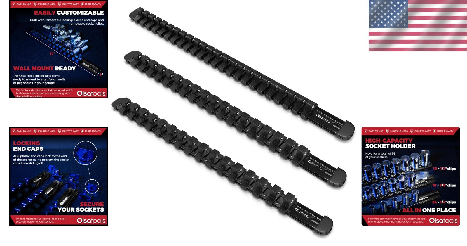 3-Pc Heavy-Duty Socket Organizer with Spring Clips - 1/4, 3/8 & 1/2 Inch