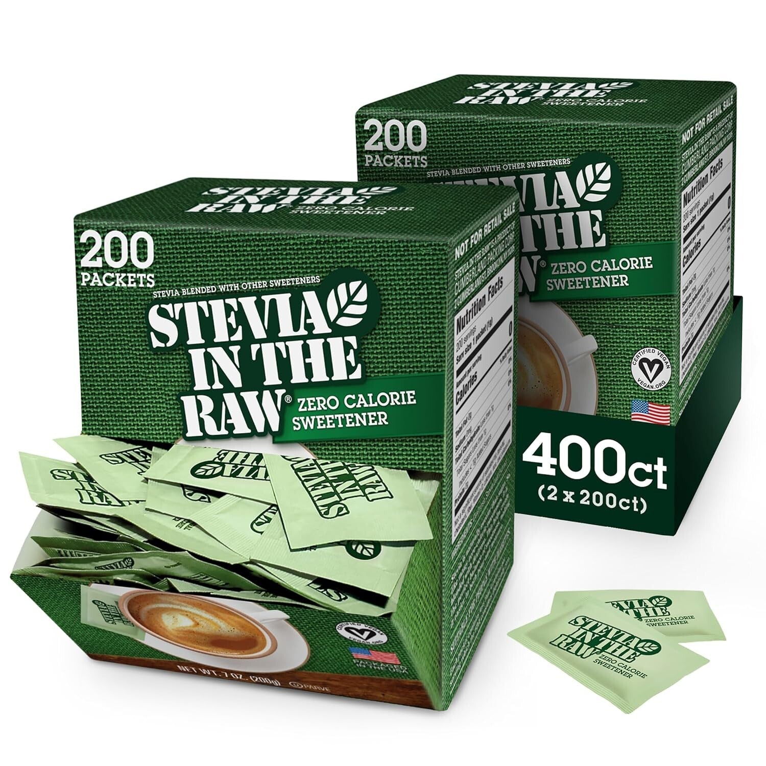Natural Zero Calorie Stevia Sweetener - Erythritol-Free, 200 Packets (2 Boxes)