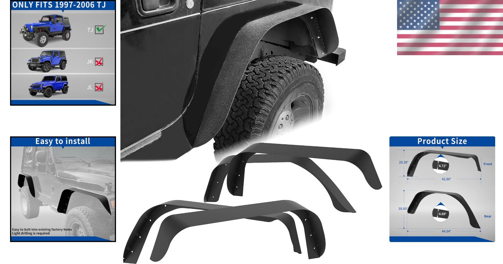 Heavy-Duty Steel Wheel Flares for 1997-2006 Jeep Wrangler TJ & LJ - Easy Install