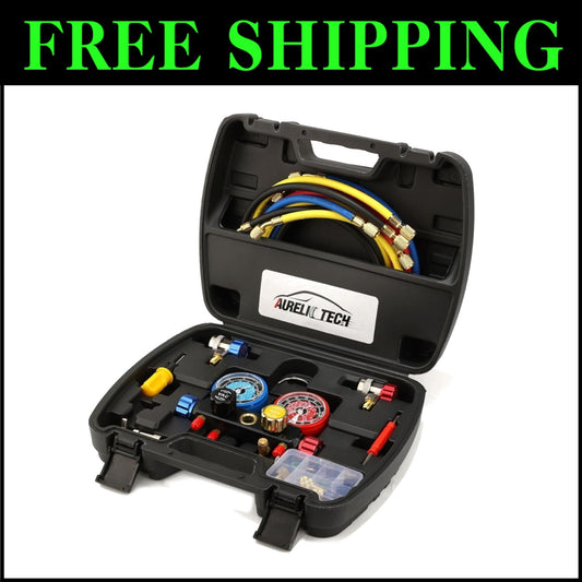 Multi-Refrigerant A/C Gauge Set with Brass Valves, 5FT Hose & 3 Tank Adapters