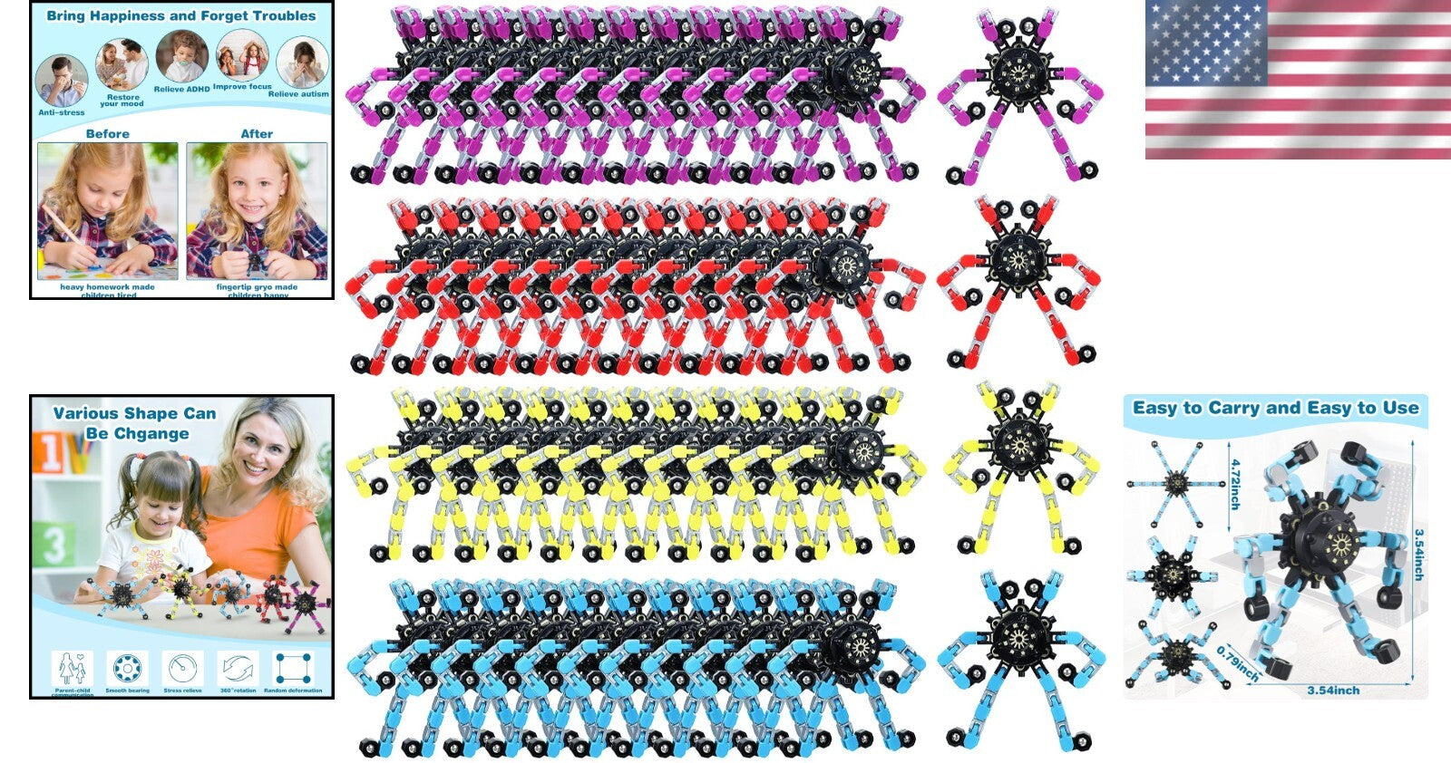 64 Pack Transformable Sensory Fidget Spinners - Stress Relief Toys for All Ages