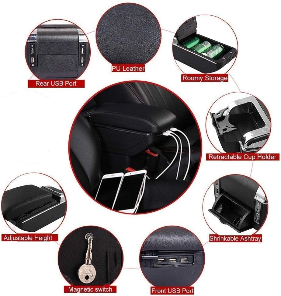 Premium Double Layer Armrest Box for Cars with Retractable Cup Holder & 7 USB