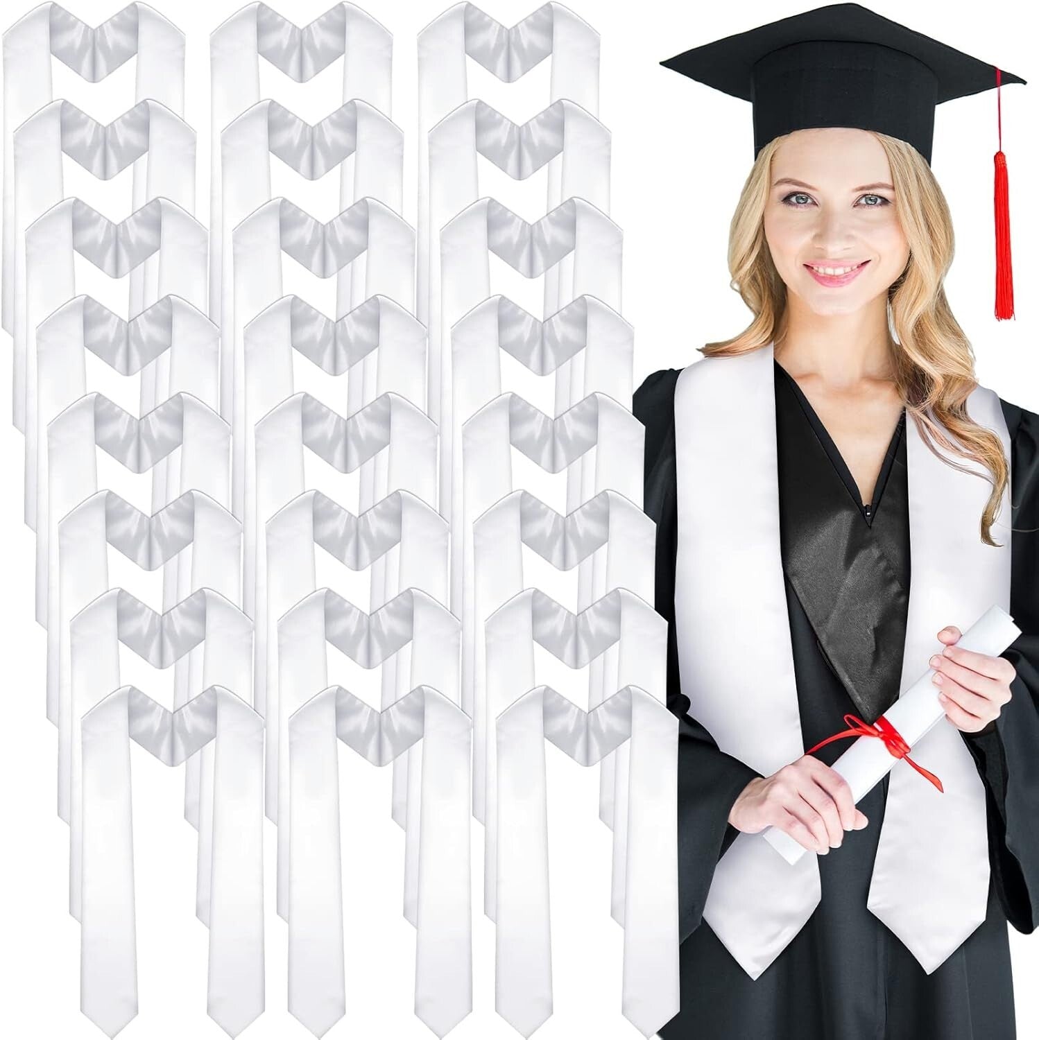 Unisex Graduation Stole Set - 24 Elegant White Satin Sashes for Memorable Events