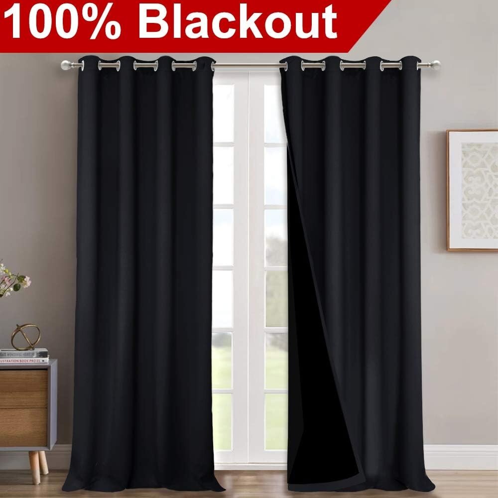 Black Lined 100% Blackout Curtains - Stylish Energy Saving Drapes, 2 Panels
