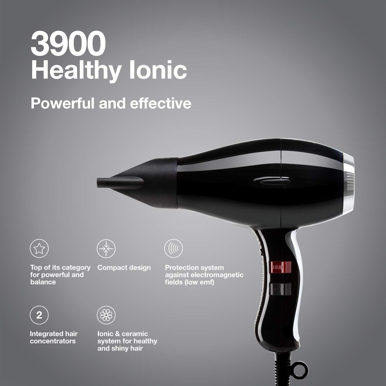 3900 Ionic Professional Hair Dryer - Lightweight, 2000W with 2 Concentrators