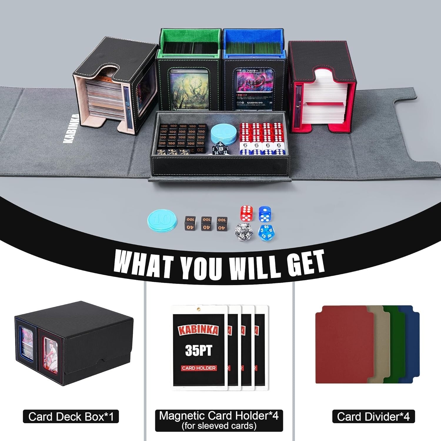 5 in 1 Colorful MTG Card Deck Box with Magnetic Holders & Removable Dice Tray