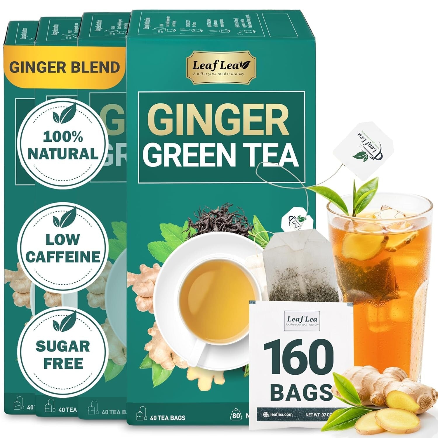 Natural Green & Ginger Tea Bags - Warming 160-Pack for Daily Invigoration