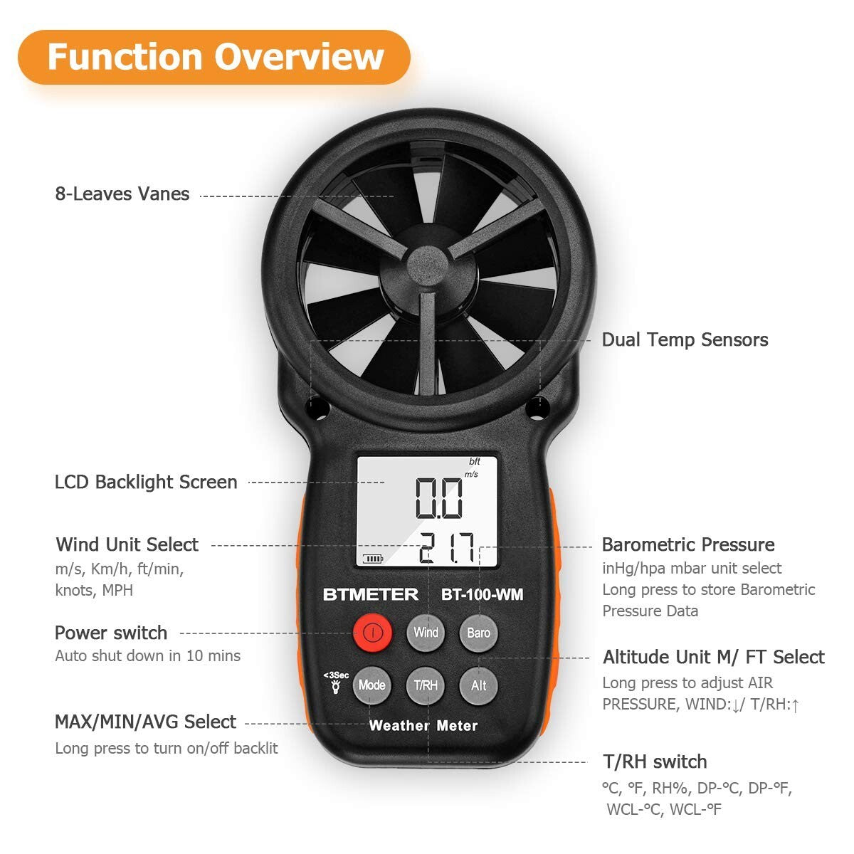 Portable Anemometer with LCD Backlight: Measure Wind Speed & Barometric Pressure