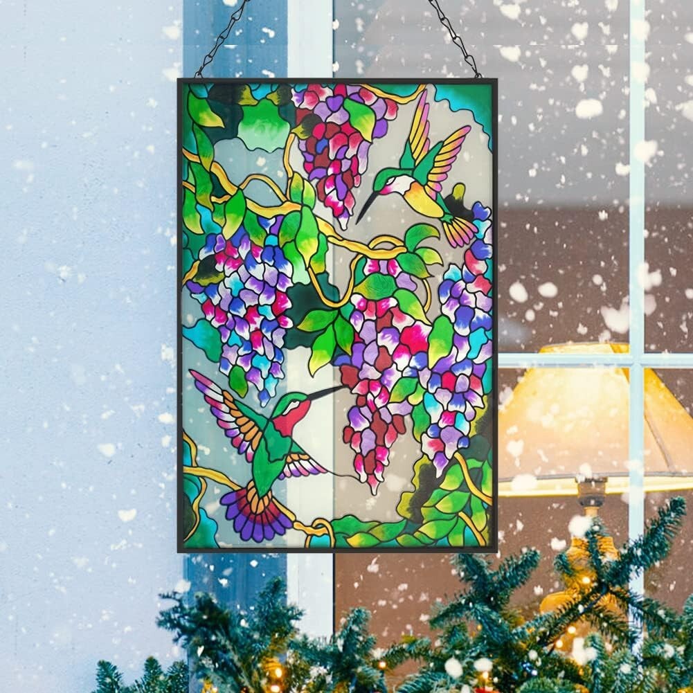 Unique 10" W x 15" H Hummingbird Stained Glass with Hanging Chain - Ideal Gift