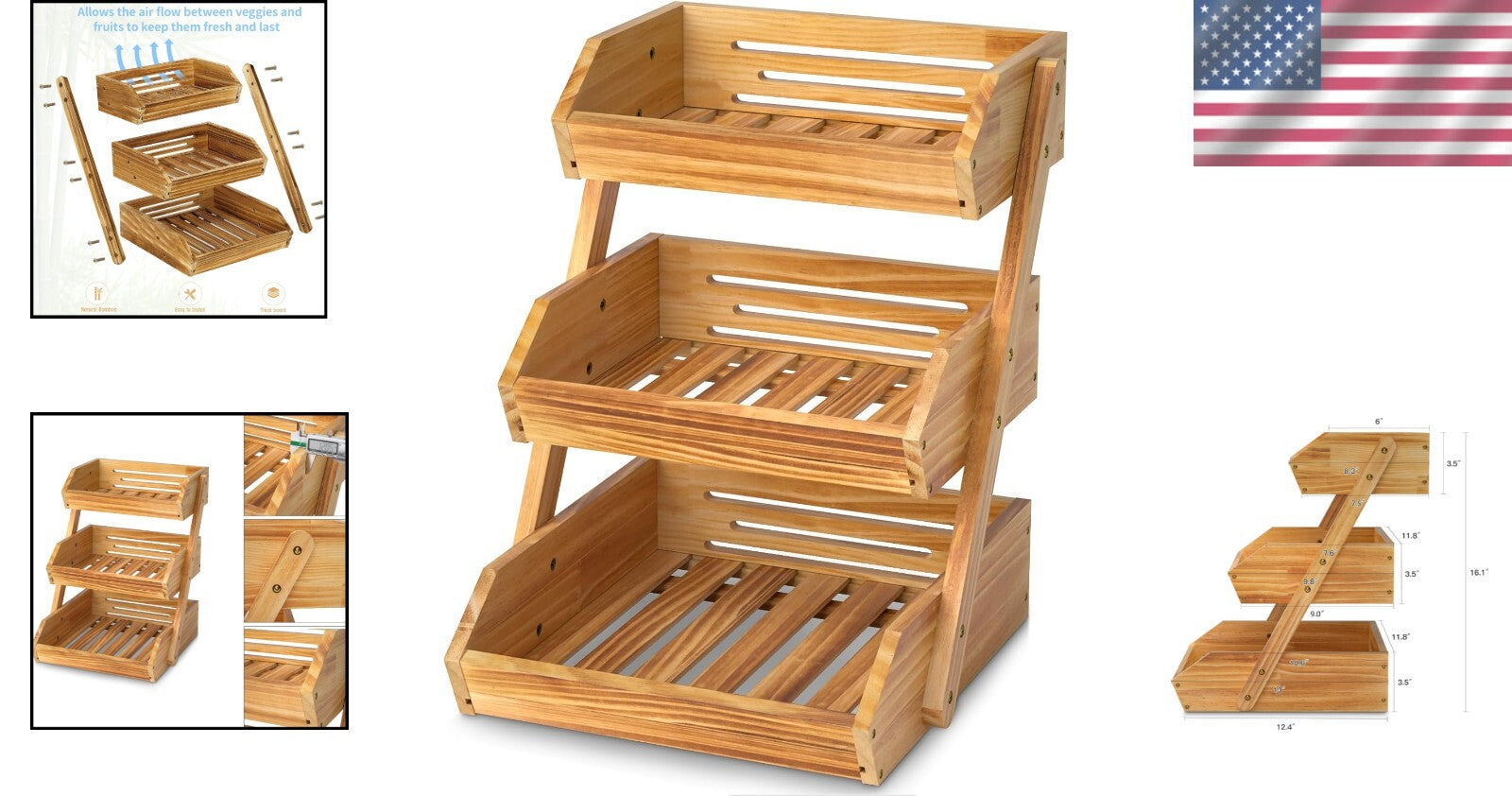 Elegant Wooden 3-Tier Fruit Basket in Pine for Stylish Kitchen Organization
