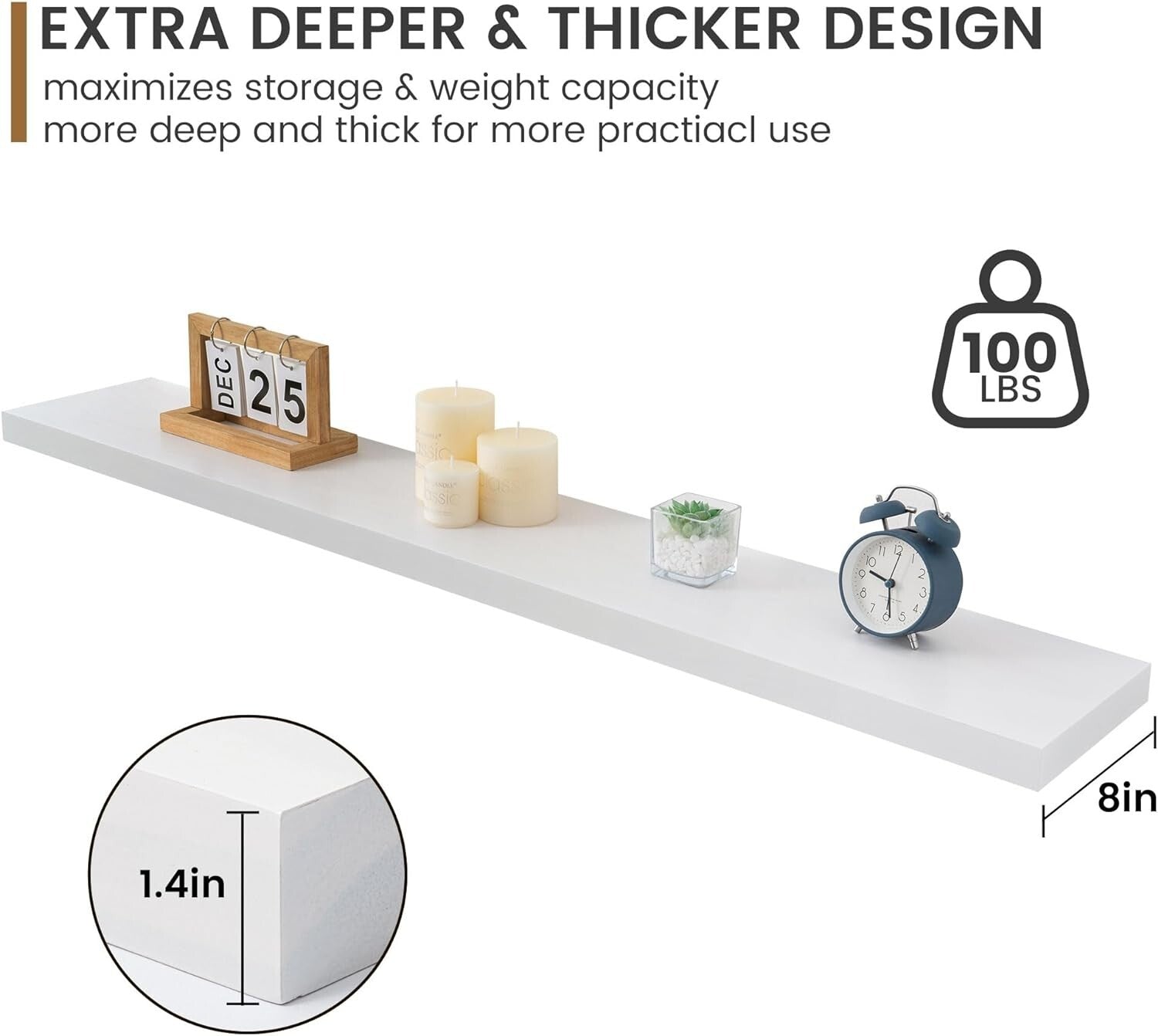 Deep Pine Wood Wall Shelf - Heavy-Duty Mounting Bracket for Functional Decor