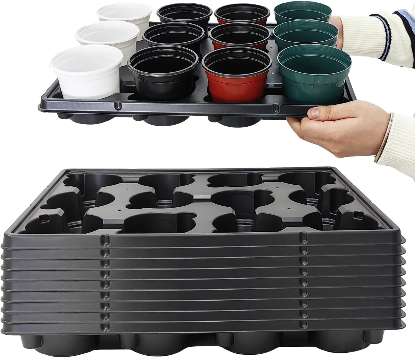 10-Pack 4-Inch Nursery Pot Trays - Durable Black Seedling Carriers with Drainage