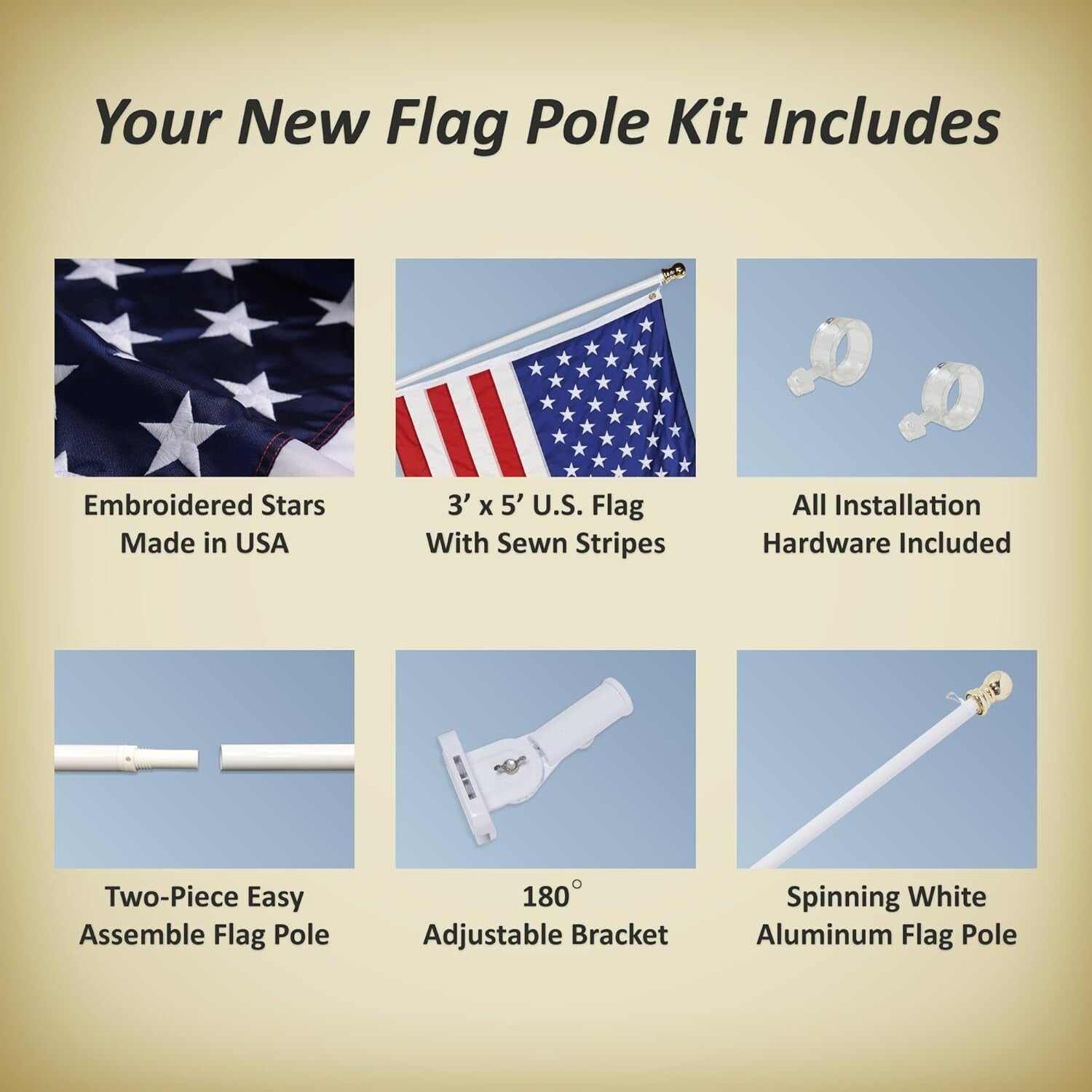 Durable 3x5 NYLON American Flag with Tangle-Free 5' Flag Pole - All Occasion Kit