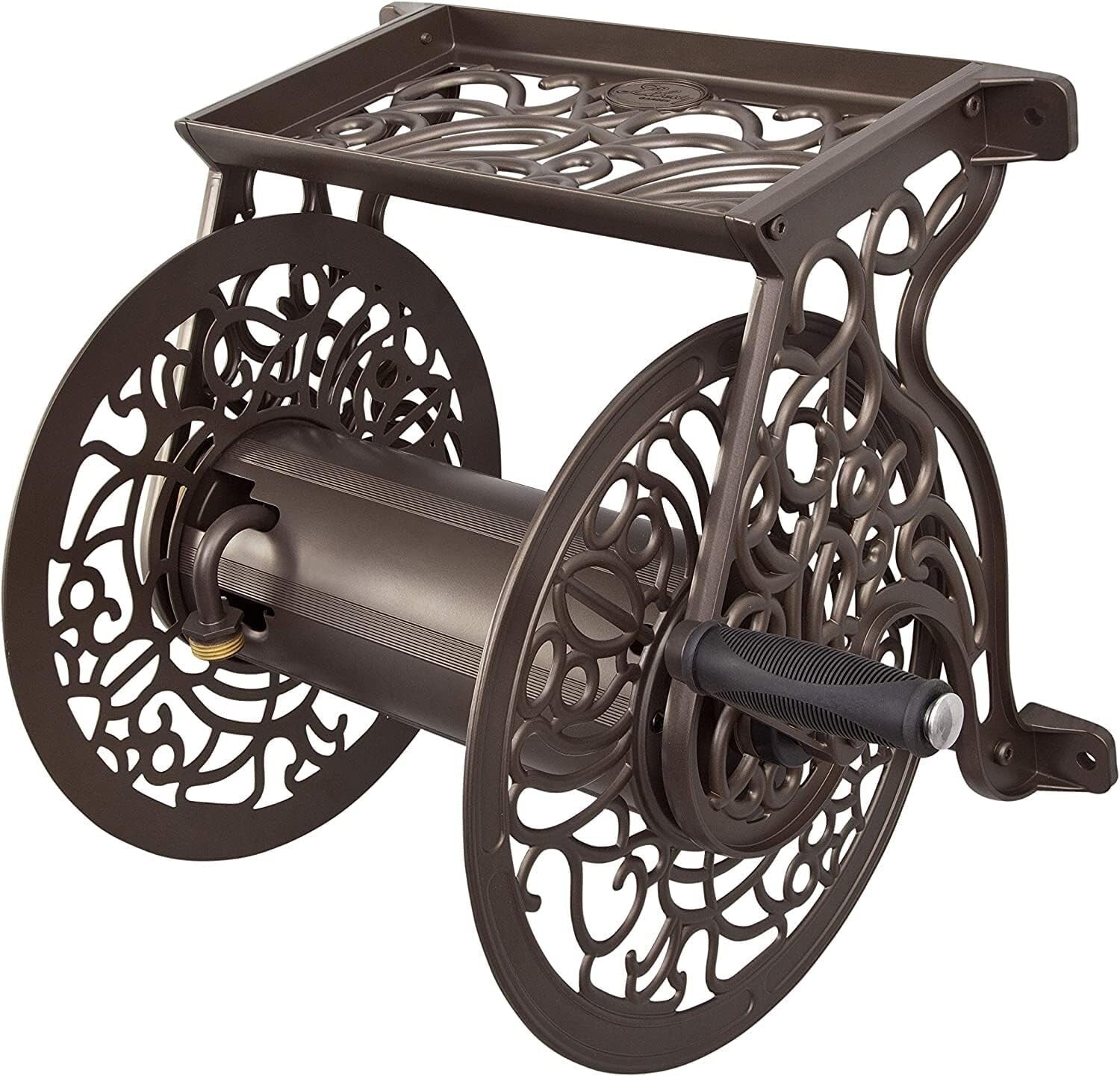 Elegant Bronze Cast Aluminum Wall-Mounted Garden Hose Reel - 125 ft Capacity