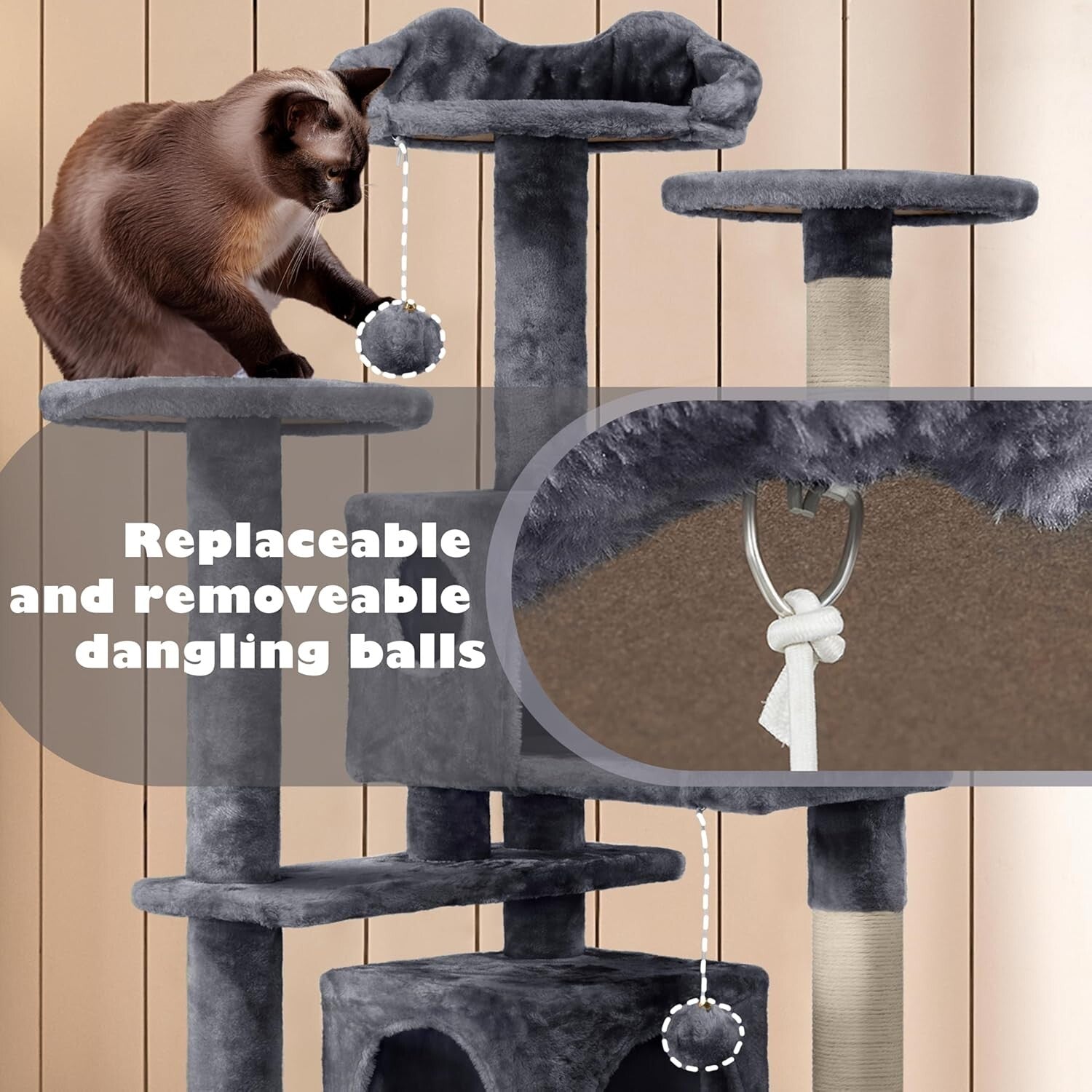 Durable 54-Inch Cat Tower with Plush Hideaways and Interactive Dangling Balls