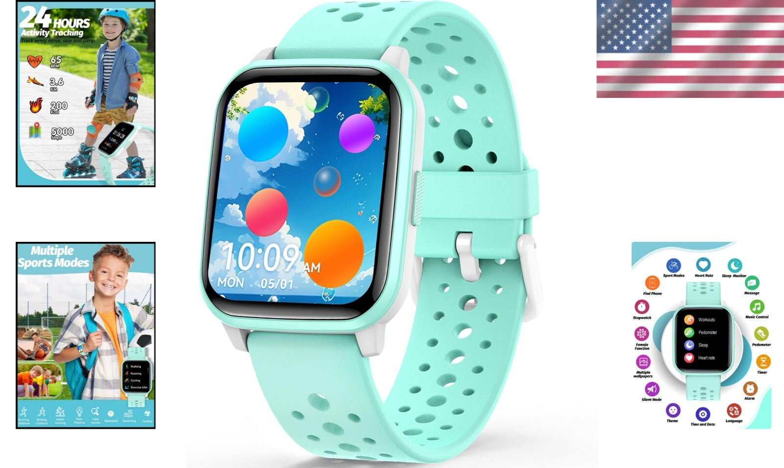 Durable Kids Smartwatch with Activity Tracking & Vibration Alarm - Green Design