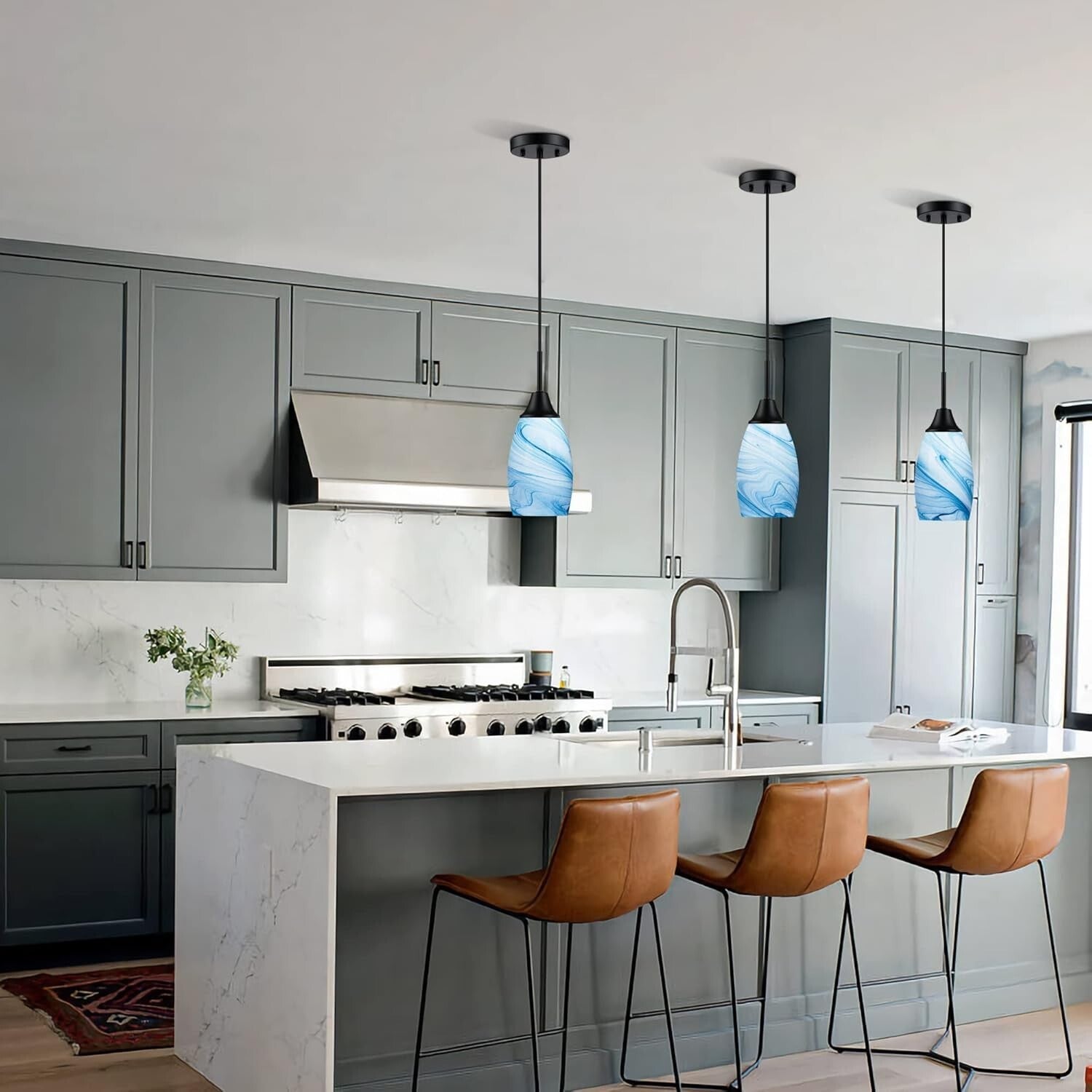 Elegant Blue Marble Art Glass Pendant Lighting - 3-Pack Adjustable Fixtures