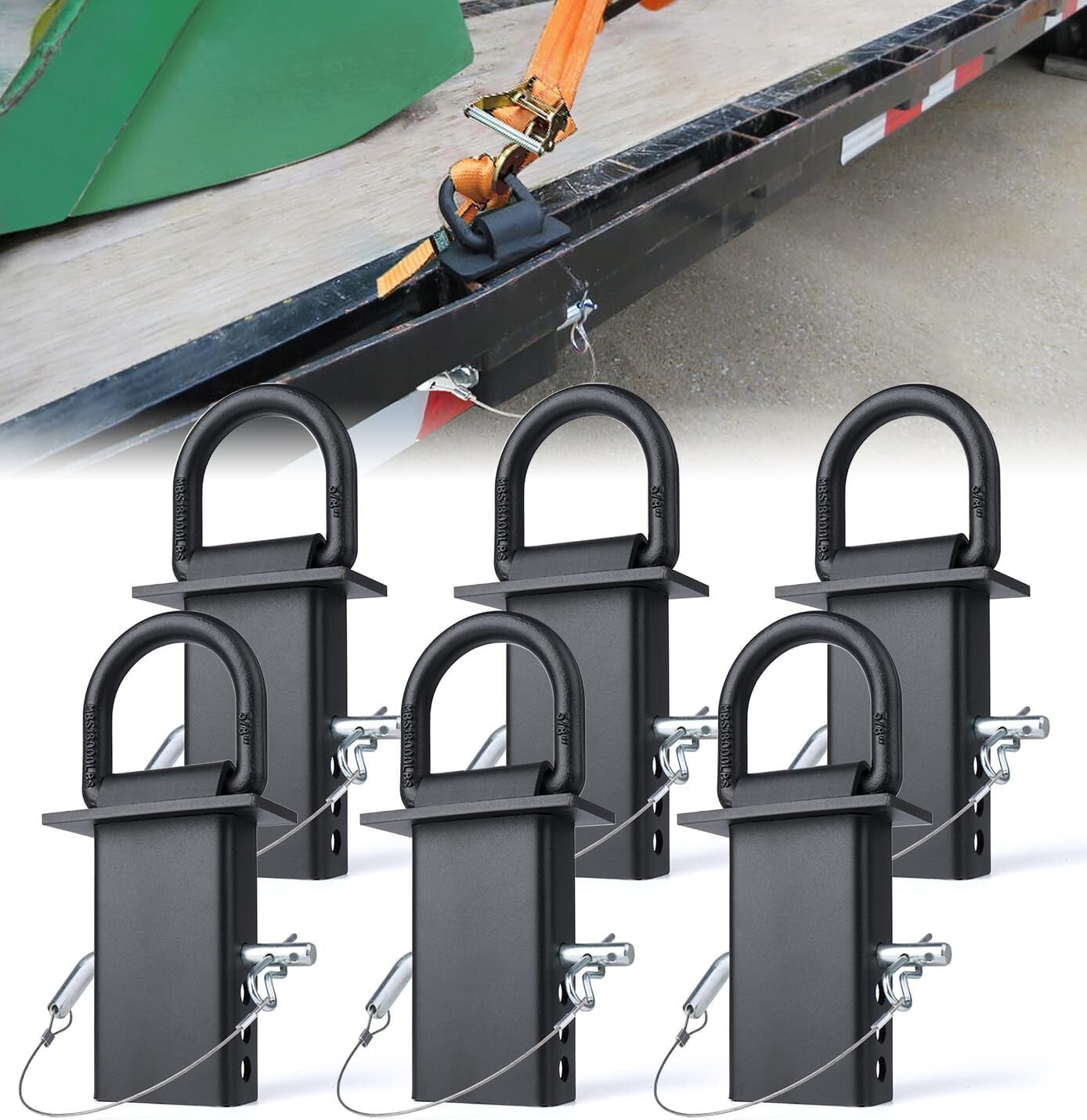5/8" Heavy-Duty D Rings - 18,000 lbs Adjustable Stake Pocket Tie-Downs (6 Pack)