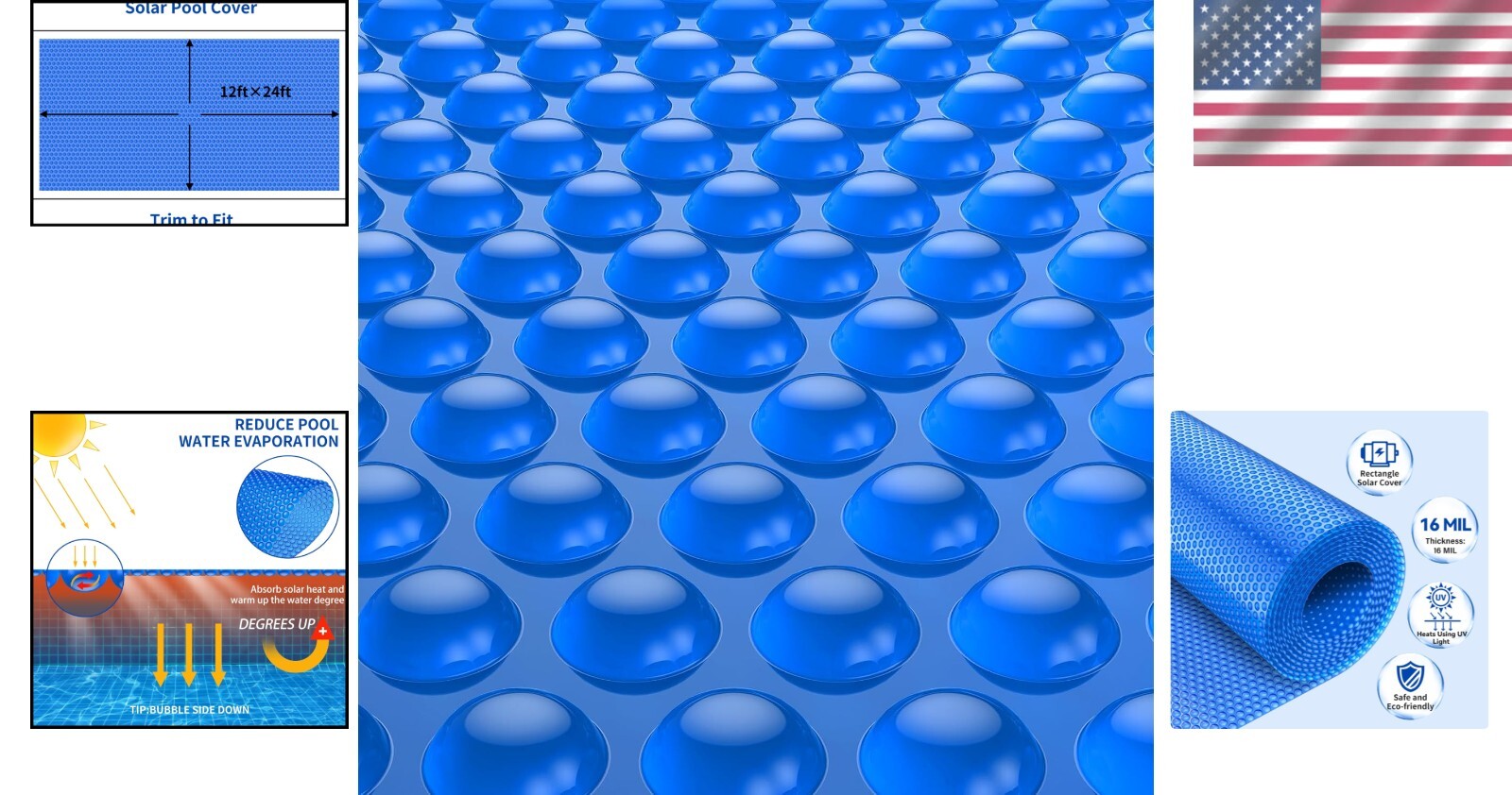 Blue Rectangular Solar Pool Blanket 12x24 ft - Maximizes Heat Retention