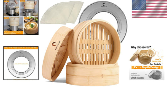 Authentic Bamboo Steamer with Extra Depth for Steaming Fish, Dumplings & Veggies