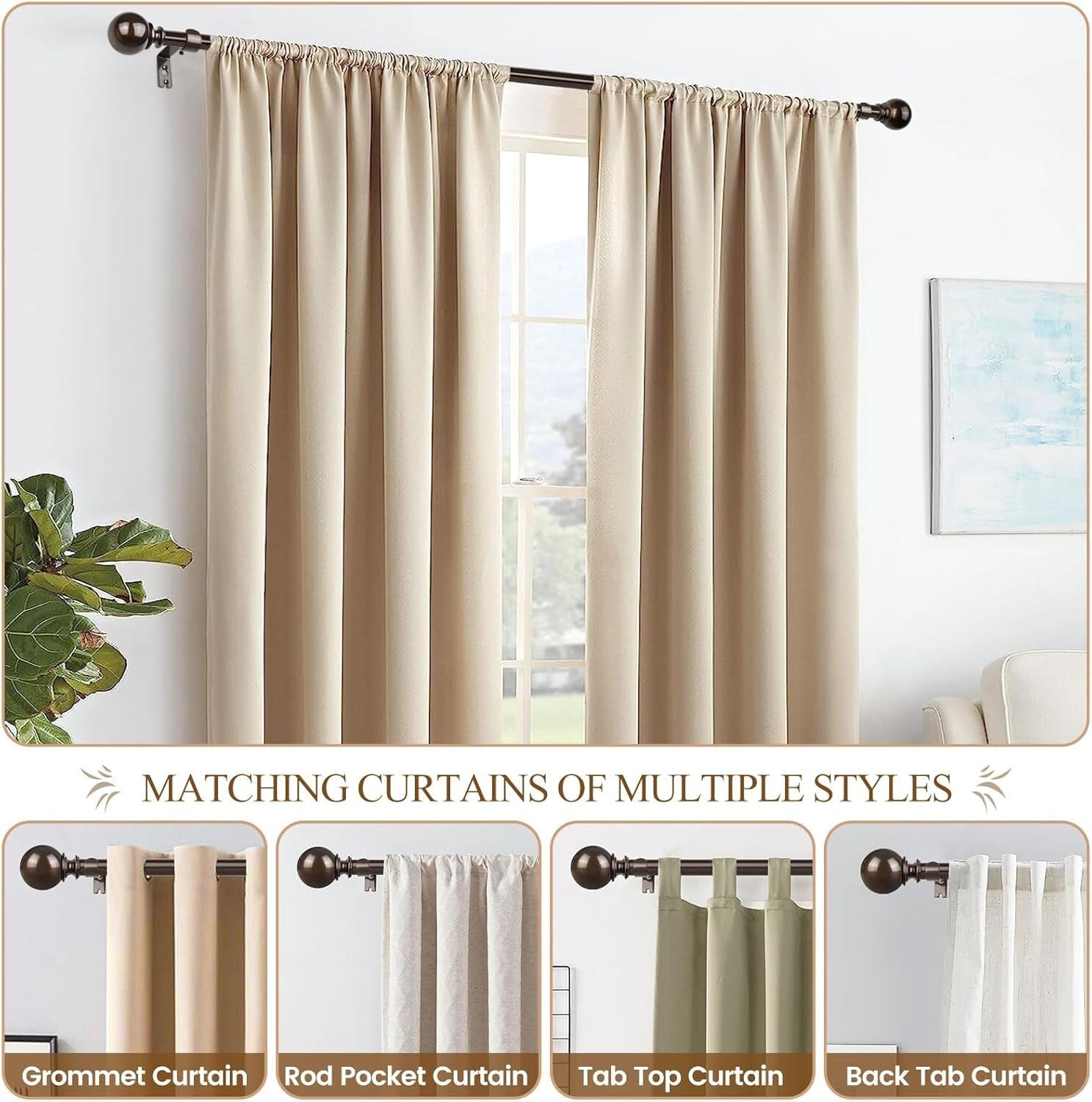 Elegant Antique Bronze Curtain Rods 120-170 Inches, Decorative Finials