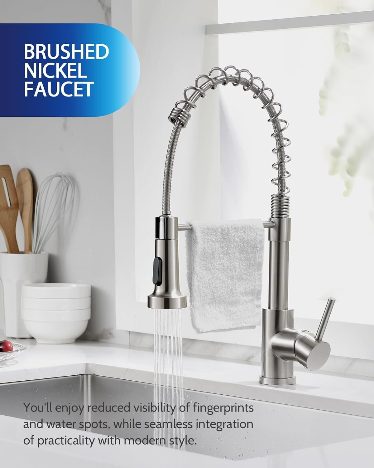 Brushed Nickel Kitchen Faucet with Pull Down Sprayer & High Arc - Easy Install