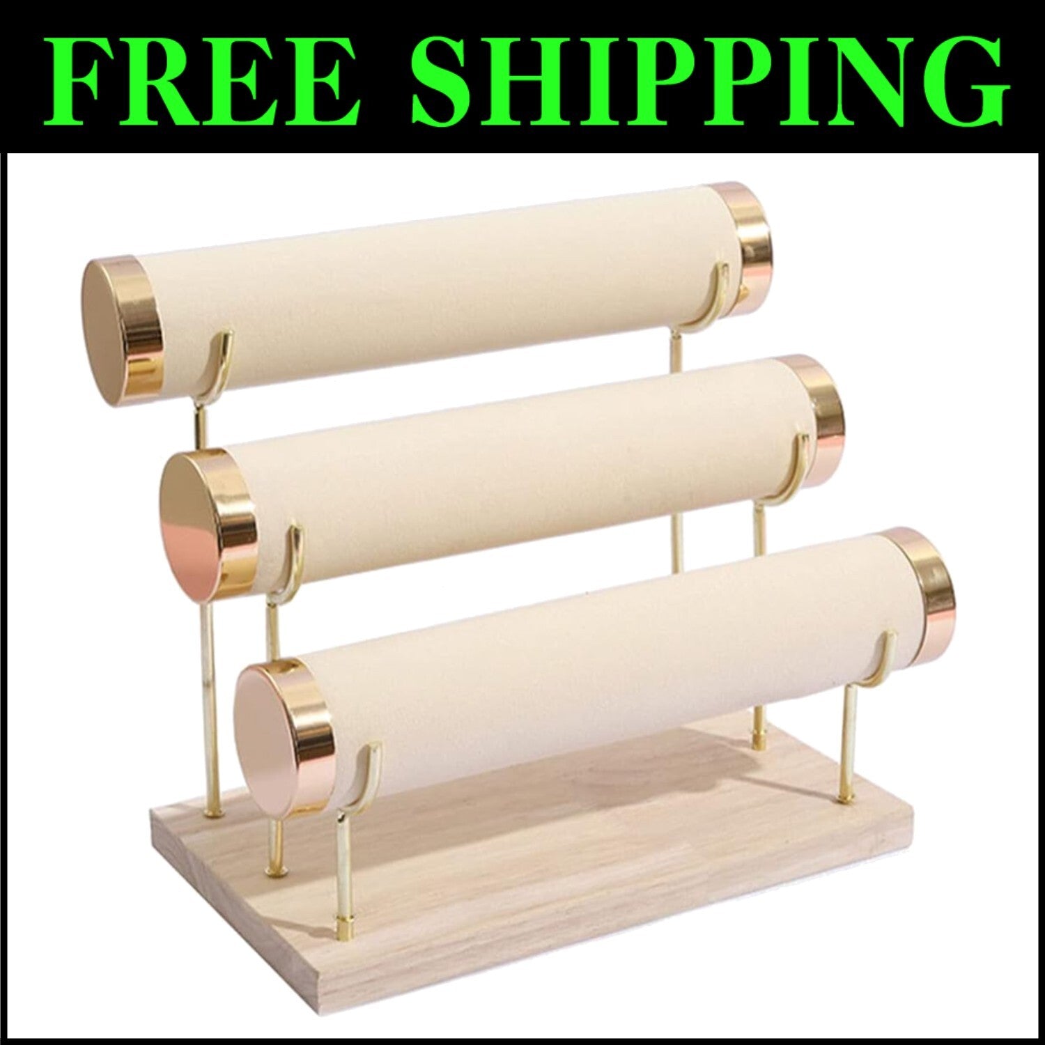 Chic Beige Velvet Bracelet Stand - Three-Tier Jewelry Display with Gold Accents