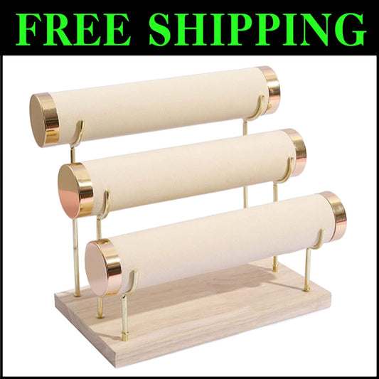 Chic Beige Velvet Bracelet Stand - Three-Tier Jewelry Display with Gold Accents