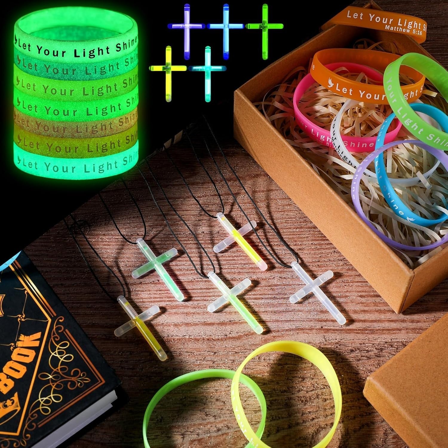 Bulk 200 Pcs Glow Bracelets and Cross Necklaces - Faithful Party Favors for Kids