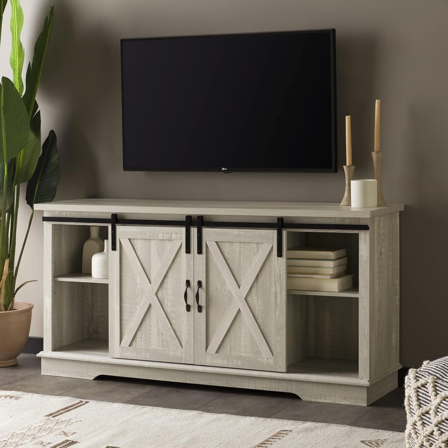 Charming 58-Inch Stone Grey TV Stand with Sliding Doors and 3 Adjustable Shelves