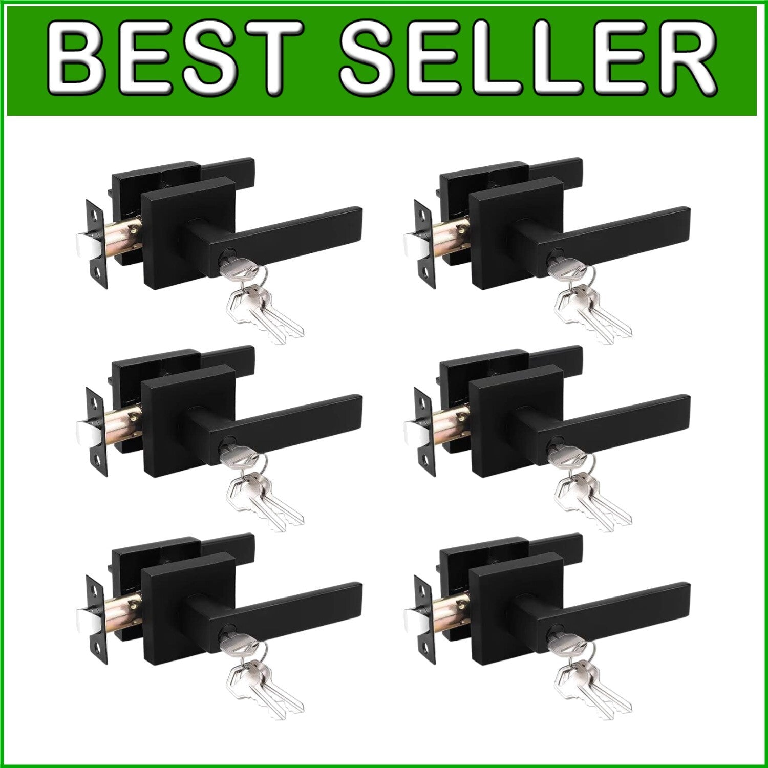 6 Pack Matte Black Keyed Alike Door Handles - Secure and Stylish Entry Solution